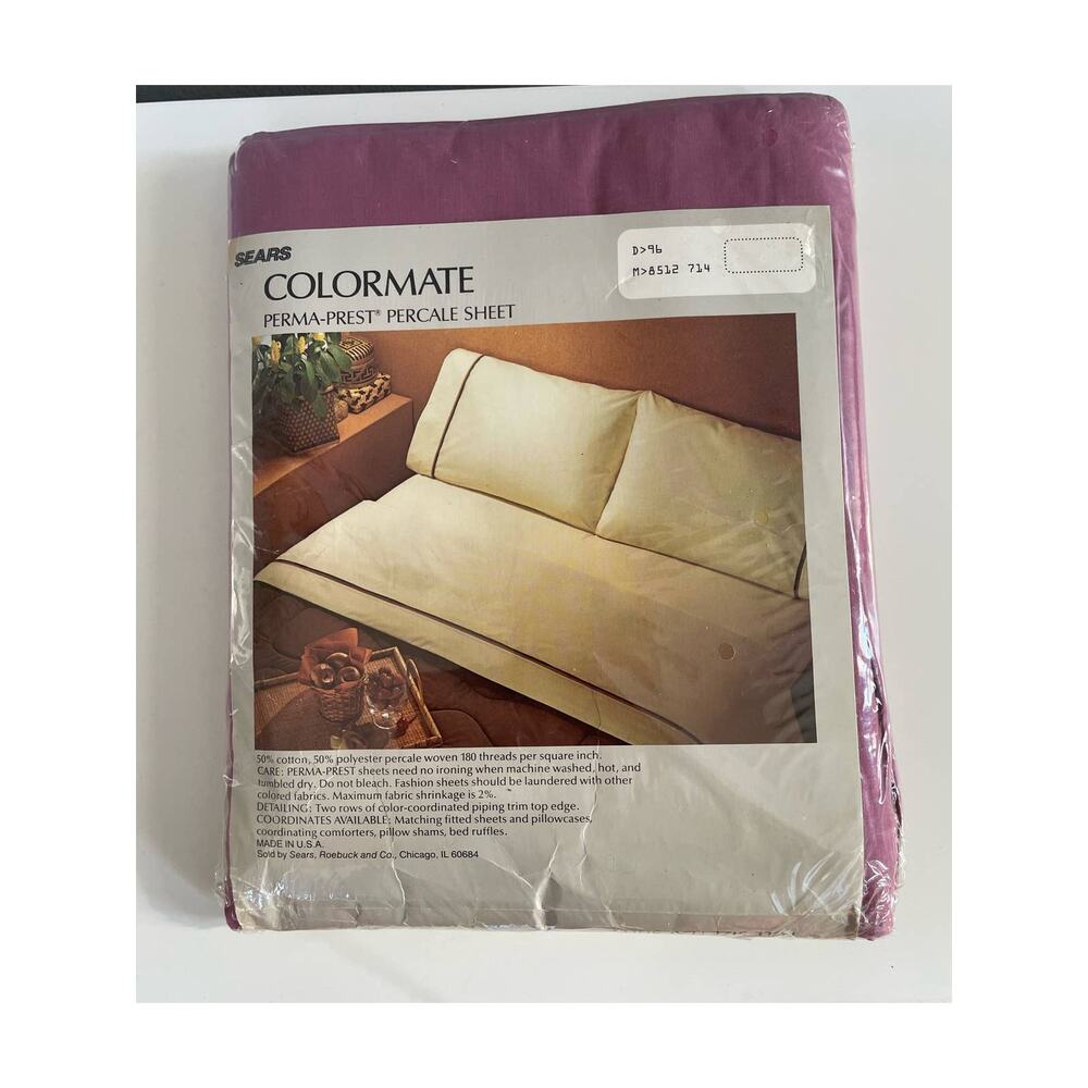Sears Full Size Flat Perma Prest Percale NEW Maroon Vintage Solid